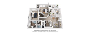 A floor plan of a two-bedroom apartment with a living room, kitchen, and bathrooms.