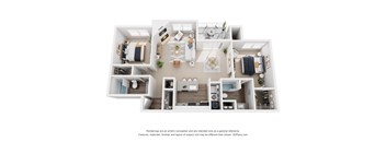 A 3D floor plan of a small apartment with a kitchen, living room, and bedrooms.