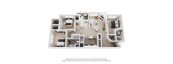 A 3D floor plan of a house with a kitchen, living room, and bedrooms.