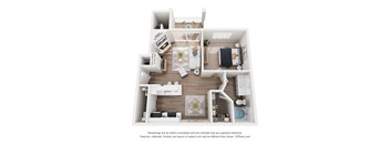 A 3D floor plan of a house with a kitchen, living room, dining room, and bedrooms.