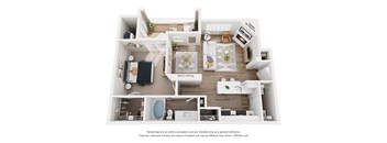A 3D floor plan of a house with a living room, kitchen, and bathroom.