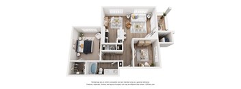 A 3D floor plan of a house with a kitchen, living room, and bathroom.