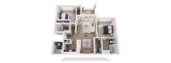 A 3D floor plan of a house with a kitchen, living room, and bathroom.