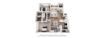 A 3D floor plan of a house with a kitchen, living room, and two bedrooms.