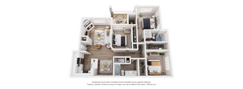 A 3D floor plan of a house with a kitchen, living room, and bathroom.