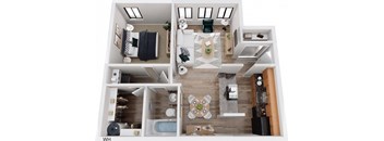 A top down view of a small apartment with a kitchen, living room, and bathroom.