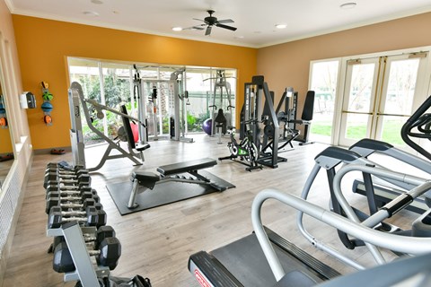 A gym with a variety of equipment including treadmills, weights, and exercise machines.