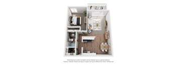 a stylized floor plan with a bedroom and living room
