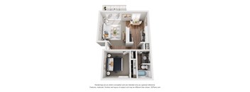 a stylized floor plan with a bedroom and a living room
