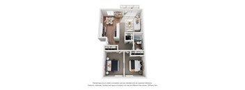 a stylized view of a 1 bedroom floor plan of a 2100 sq ft apartment