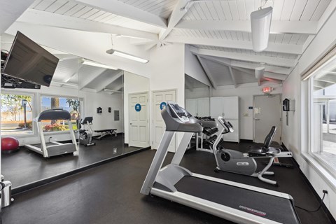 A gym with treadmills, exercise bikes, and other equipment.