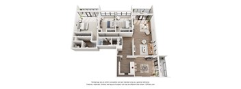 A 3D floor plan of a house with a kitchen, living room, and bedrooms.