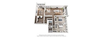 A 3D floor plan of a house with a kitchen, living room, and bathroom.