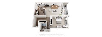 A 3D floor plan of a modern apartment with a kitchen, living room, and bedrooms.