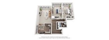 A 3D floor plan of a house with a kitchen, living room, and bathroom.