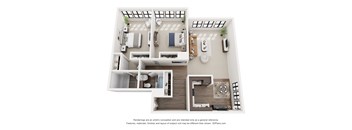 A 3D floor plan of a house with a kitchen, living room, and bathroom.