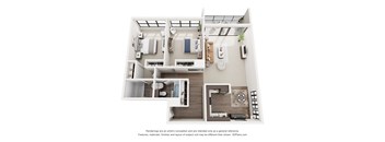 A 3D floor plan of a small apartment with a kitchen, living room, and bathroom.
