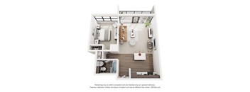 A 3D floor plan of a small apartment with a kitchen, living room, and bathroom.
