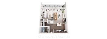 A 3D floor plan of a small apartment with a kitchen, living room, and bathroom.