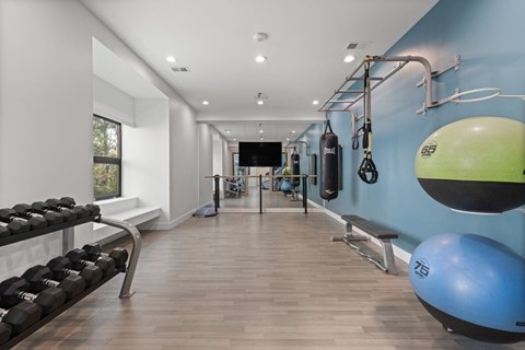 A gym with a blue wall and a bench.