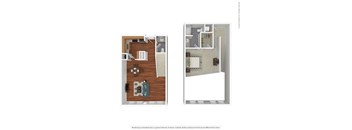 A floor plan of a two-bedroom apartment with a living room, kitchen, and bathroom.