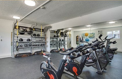 a group of bikes parked in a garage