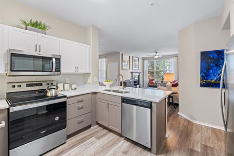 A modern kitchen with a stainless steel dishwasher and oven.