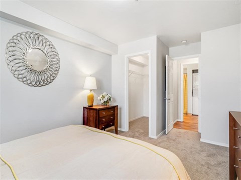 A bedroom with a bed, dresser, and mirror.