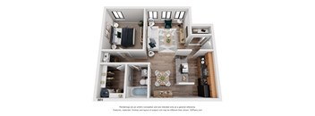 A 3D floor plan of a house with a living room, kitchen, and two bedrooms.
