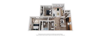 A 3D floor plan of a house with two bedrooms, a living room, a kitchen, and a bathroom.