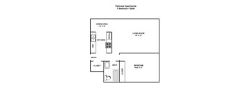A diagram of a Parkview Apartments layout with a 1 Bedroom and 1 Bath.