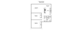 A diagram of apartment layout with two bedrooms, a living room, a dining room, a kitchen, and two closets.