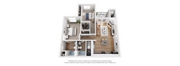 A 3D floor plan of a house with a kitchen, living room, and two bedrooms.
