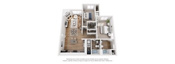 A 3D floor plan of a house with a kitchen, living room, and bathrooms.