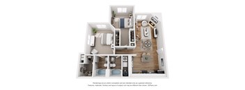 A 3D floor plan of a house with a kitchen, living room, and bathrooms.
