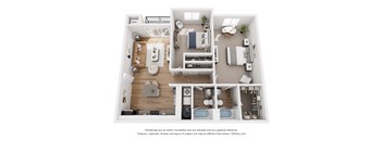 A 3D floor plan of a house with labeled rooms.