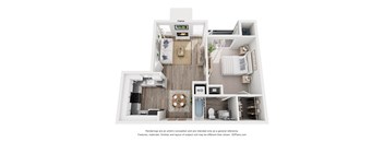 A floor plan of a small apartment with a kitchen, living room, and bathroom.