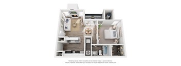 A 3D floor plan of a small apartment with a kitchen, living room, and bathroom.