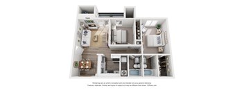 A 3D floor plan of a house with labeled rooms.