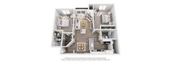 A 3D floor plan of a house with a kitchen, living room, and two bedrooms.