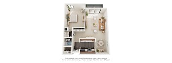 A 3D floor plan of a small apartment with a kitchen, living room, and bedroom.