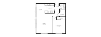 A black and white image of a floor plan for a small apartment.