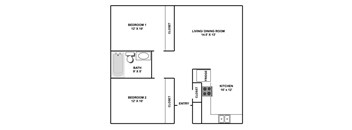 A floor plan of a small apartment with two bedrooms, a bathroom, a kitchen, and a living/dining room.