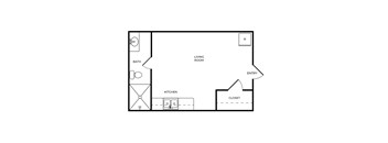 A floor plan of a small apartment with a kitchen, living room, and bathroom.