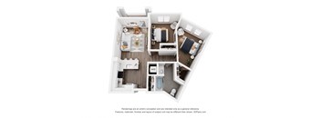 a stylized floor plan with a bedroom and living room