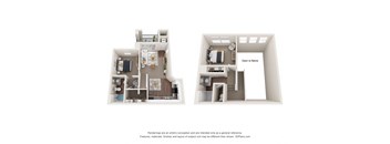 a stylized rendering of a 1 bedroom floor plan and a 2100 sq ft apartment