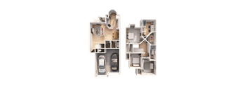 a rendering of a house and a floor plan with cars