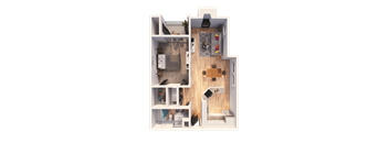 a 3d rendering of a furnished apartment with a bedroom and a living room