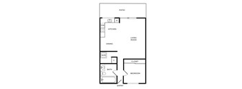 A floor plan of a small apartment with a kitchen, living room, dining room, bathroom, bedroom, and entry.