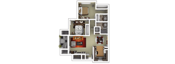 A 3D floor plan of a house with a kitchen, living room, and two bedrooms.